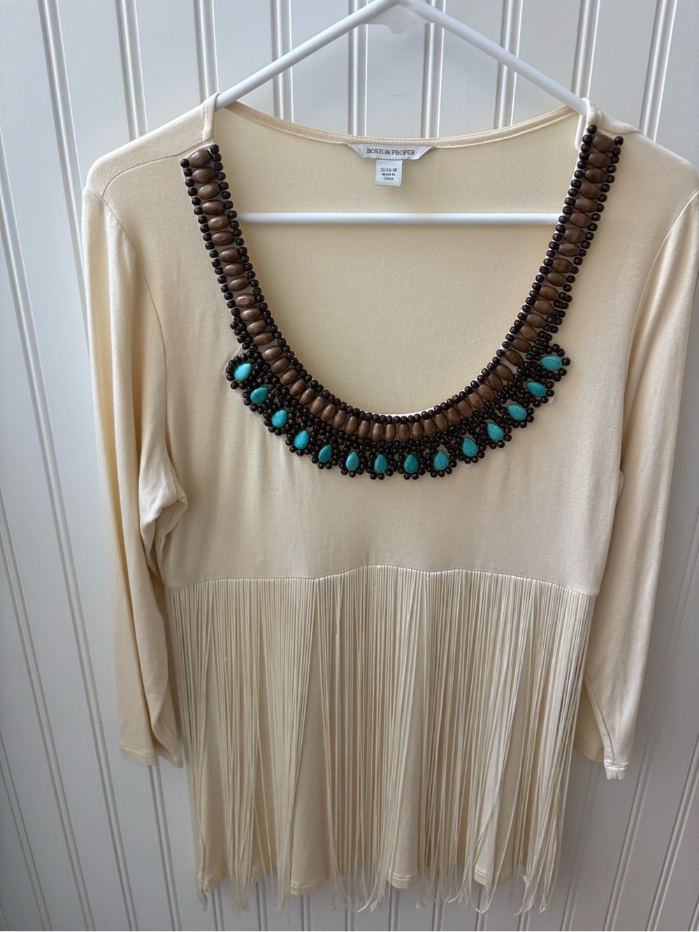 Boston Proper Cream/Beige Beaded Fringe Women's Tunic